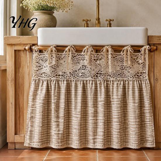 Vintage Plaid Oven Handle Trim Farmhouse Stove Skirt, Crochet Lace Curtain, Kitchen Appliance Shield Skirt Curtain with Ties for Cottage Decor