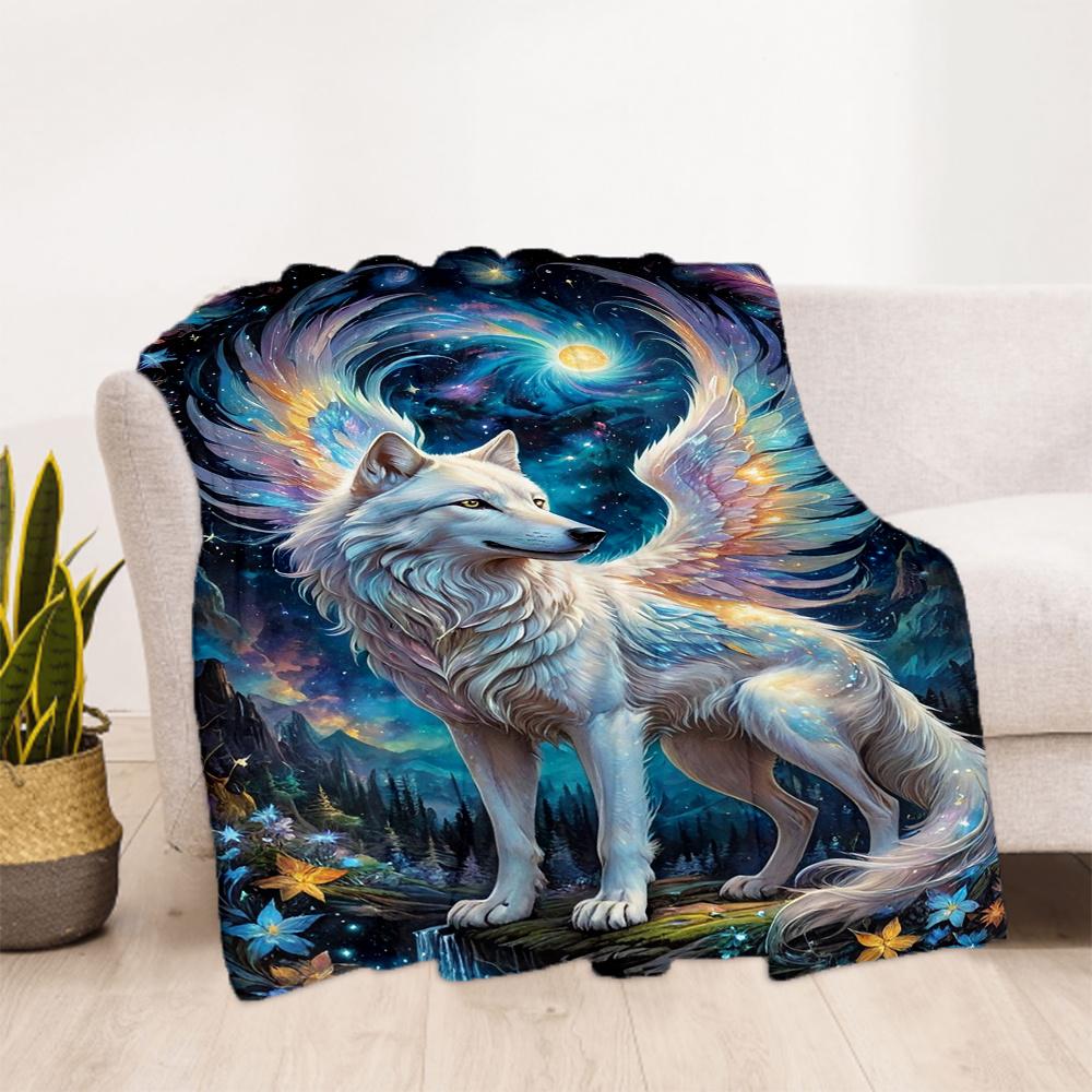 1pc Celestial Wolf Mythical Beast Flannel Blanket, Comfortable and Warm Blanket, for Camping Sofa Bed and Couch Office041
