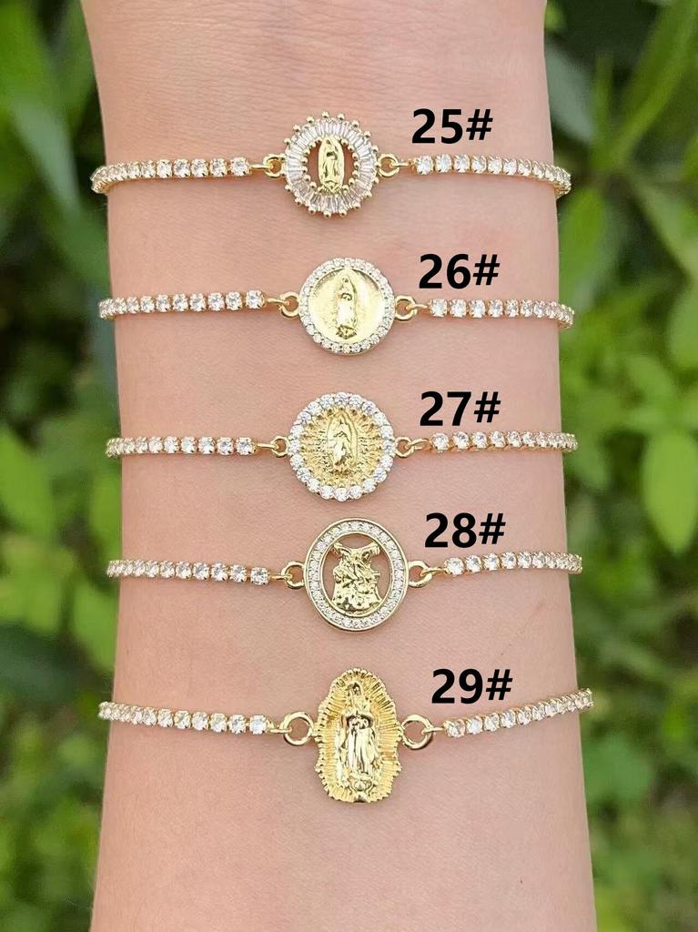 Gold Tennis Chain Religious Bracelet Virgin Mary Cross Heart Medal Charms Crystal Rhinestone Dainty Catholic Faith Jewelry