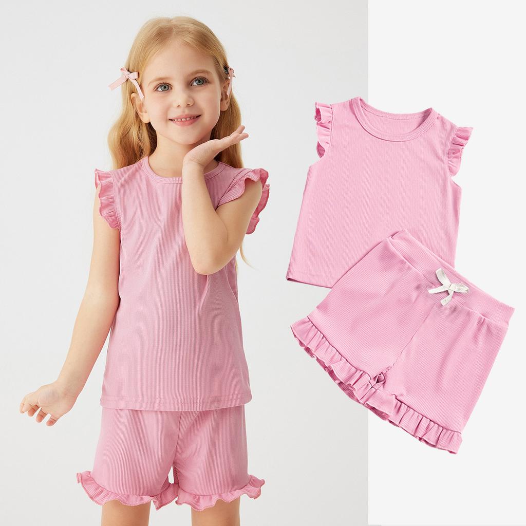 Girls' Solid Color Short Sleeve Shorts Set 2025 Summer Children's Fashion Set