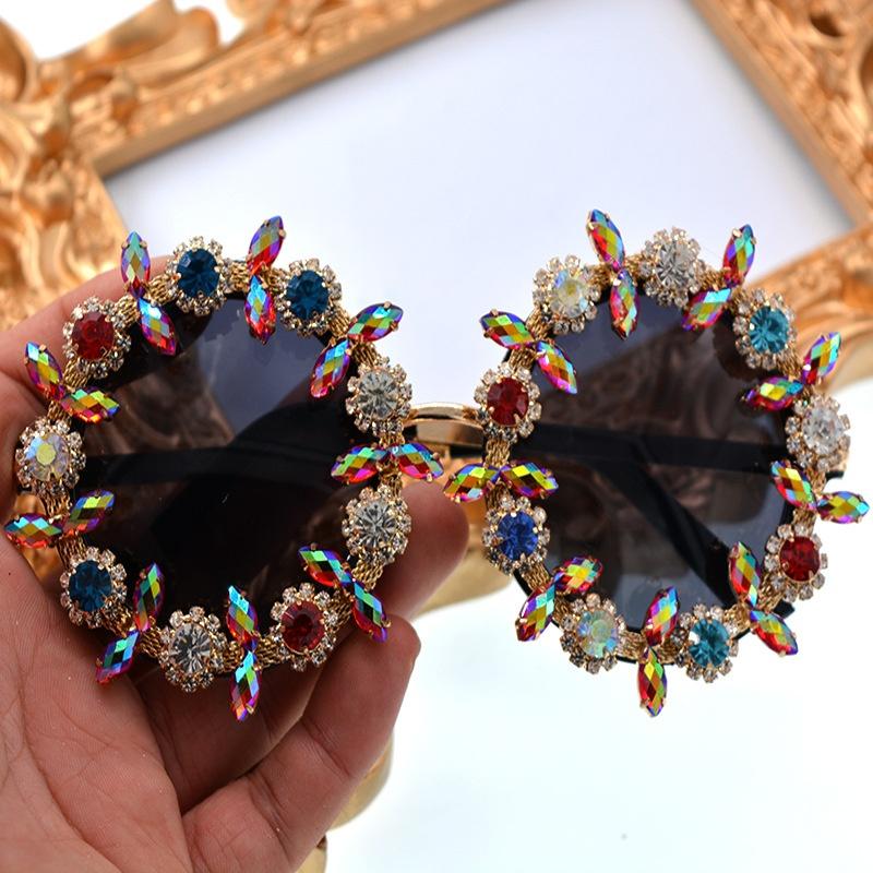 Oyma Barok Kristal Elmas Lüks Güneş Gözlüğü Metal 3D Kadın Yuvarlak Güneş Gözlüğü