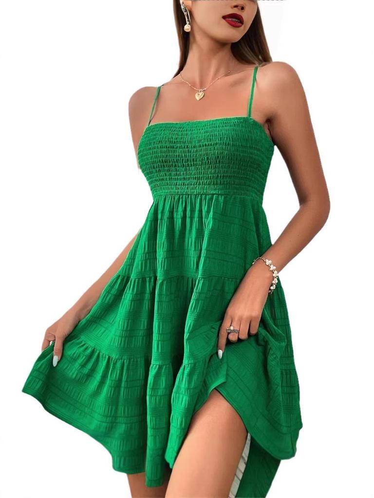 2026 European & American Summer Women's One-Shoulder Thin Strap Solid Color Versatile Dress