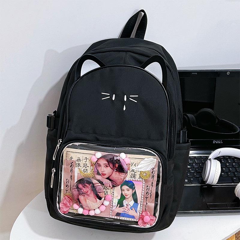 Large-capacity Schoolbag, Female Junior High School Student Kitten Backpack, Student Japanese Pain Bag Ins Wind Transparent Backpack Tide