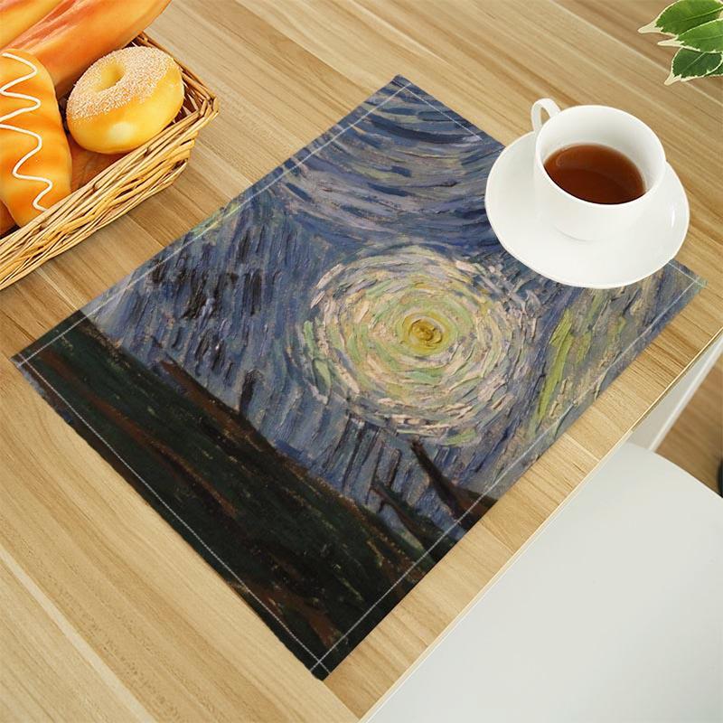 Van Gogh The Starry Night Print Linen Dining Table Mats Alphabet Kitchen Placemat 30X45cm Coasters Pads Bowl Cup Mat