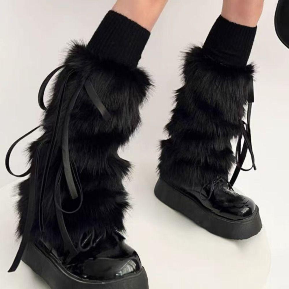 Solid Color Faux Fur Furry Leg Warmers Y2k Spicy Girl Lace Up Leg Warmers Foot Cover Warm Women's Stockings Fall Winter