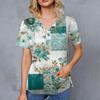 Women's Retro Printed V-Neck Double Pocket Short Sleeves Hem Slit  Uniform Caregiver Top