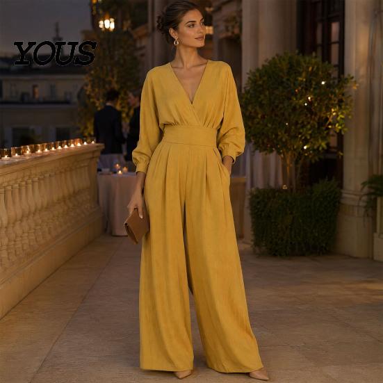 Everyday Wear Jumpsuit Women's Long Sleeve Jumpsuit, Deep V Neck Loose Wide Leg Plus Size Women Rompers, High Waist Summer Casual One Piece