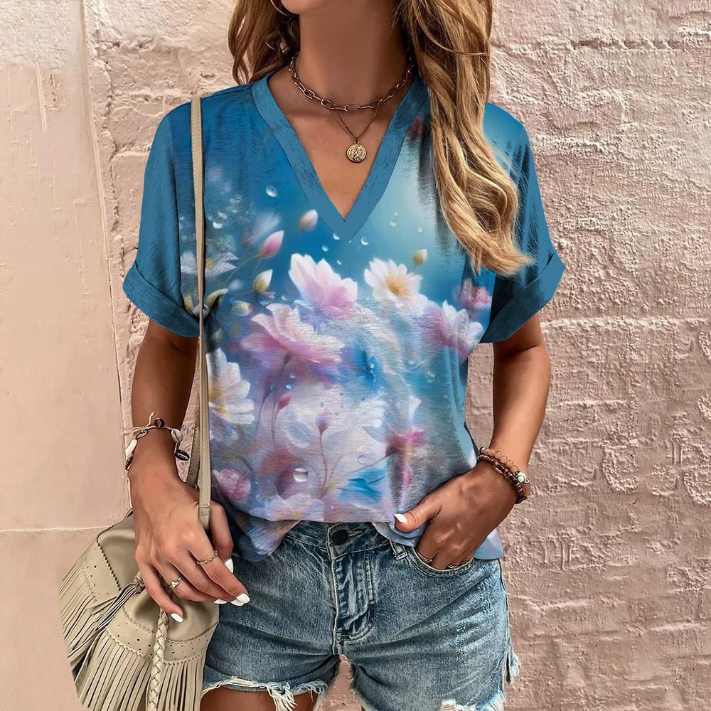 Summer Women's T-shirt V-neck Short-sleeved Floral Graphic Printing Outdoor T-shirt Women's Casual Clothing Street Shirt