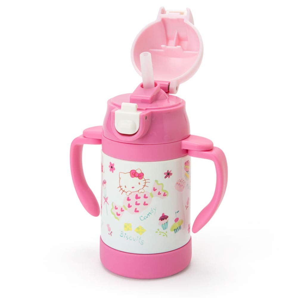 Sanrio Hello Kitty Water Bottle with Straw Stainless Keeps Drinks with Locking for Character Design Children's Mug, 250ml, One-Touch Steel, Cold, Lid,