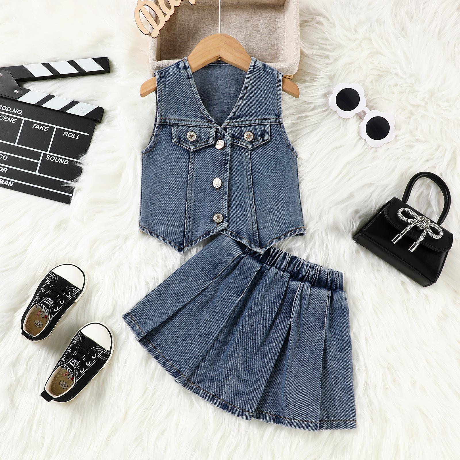 Children s Fashion Set: Summer Girls Denim Vest Top + Pleated Skirt Two-Piece Set 100cm