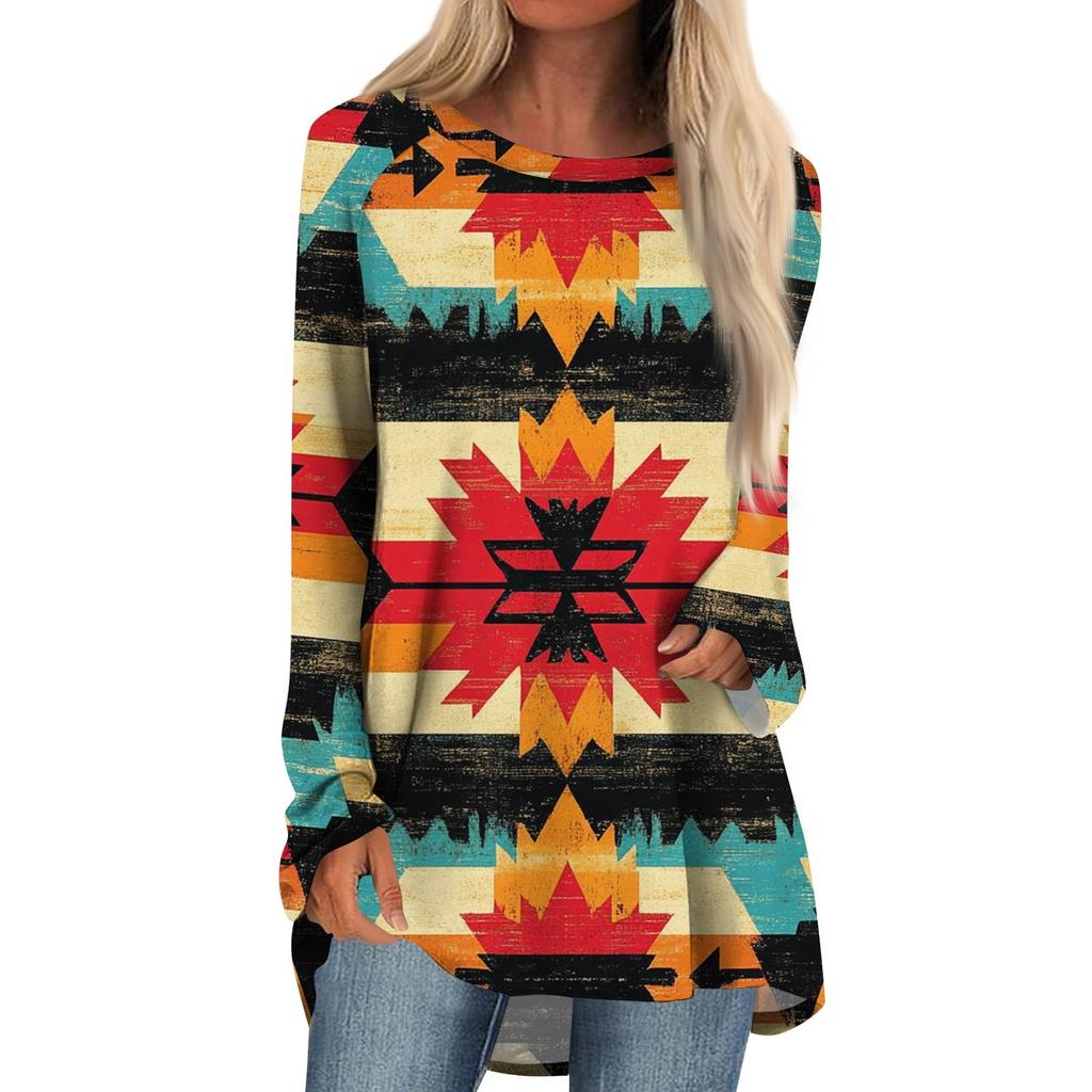 Women's Fashion Casual Long Sleeve  Print Round Neck Pullover Top Blouse