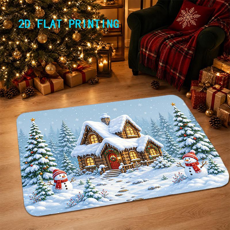 1pc Christmas‑Snow‑Cabin Print Welcome Doormat,Colorful Non‑Slip Washable Indoor Floor Mat for Entryway, Hall, Bathroom, Balcony