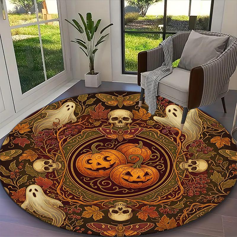 1pc Office Printed Round Carpet, Golden Warm Retro Pumpkin Phantoms Rug, Home Sofa Chair Mat For Christmas and Halloween Décor