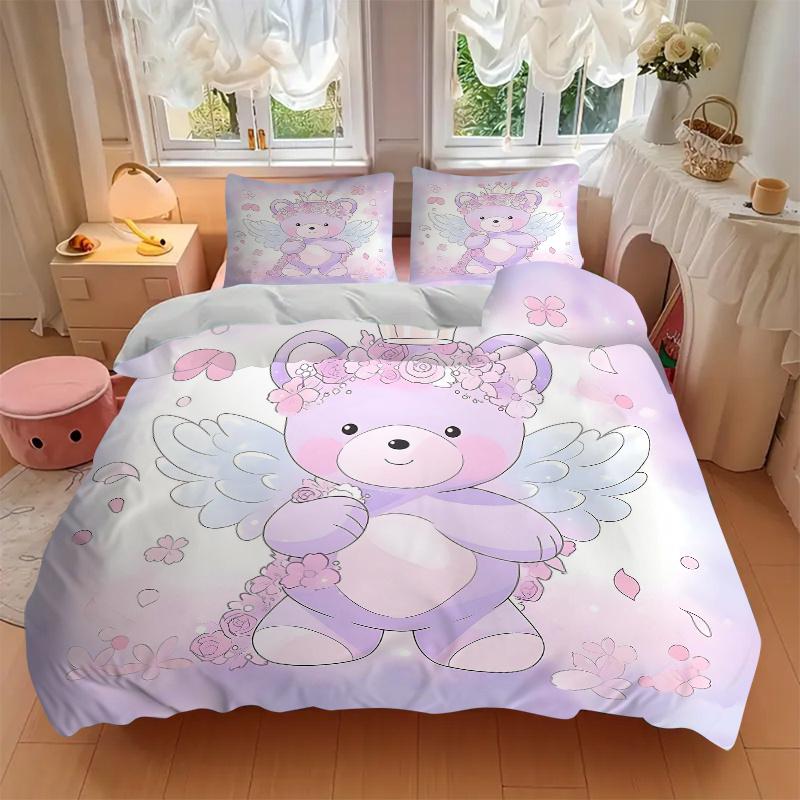 3pcs Purple Bear Pattern Bedding Three-Piece Set (1 Cover + 2 Pillowcases, No Fillings), This Printed Bedding Set Is Soft and Comfortable, S