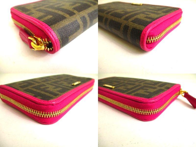Authentic FENDI Zucca Khaki Canvas Shocking Pink Leather Round Zip Long Wallet #a221  Refurbished