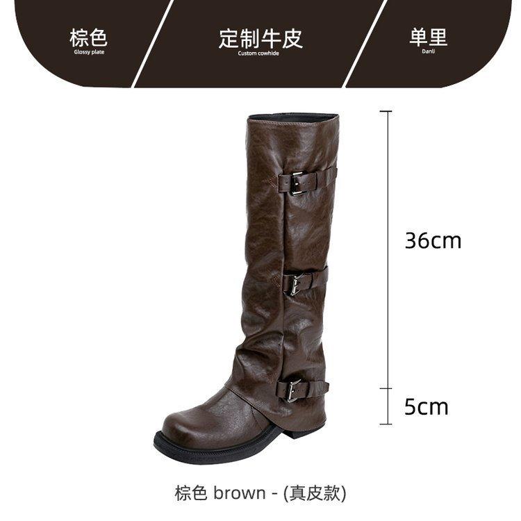 Korean ins~ Amber Soft Leather Wasteland Wind Pile Boots Women's Belt Buckle Height Increasing Skinny Medium Boots Pant Tube Boots