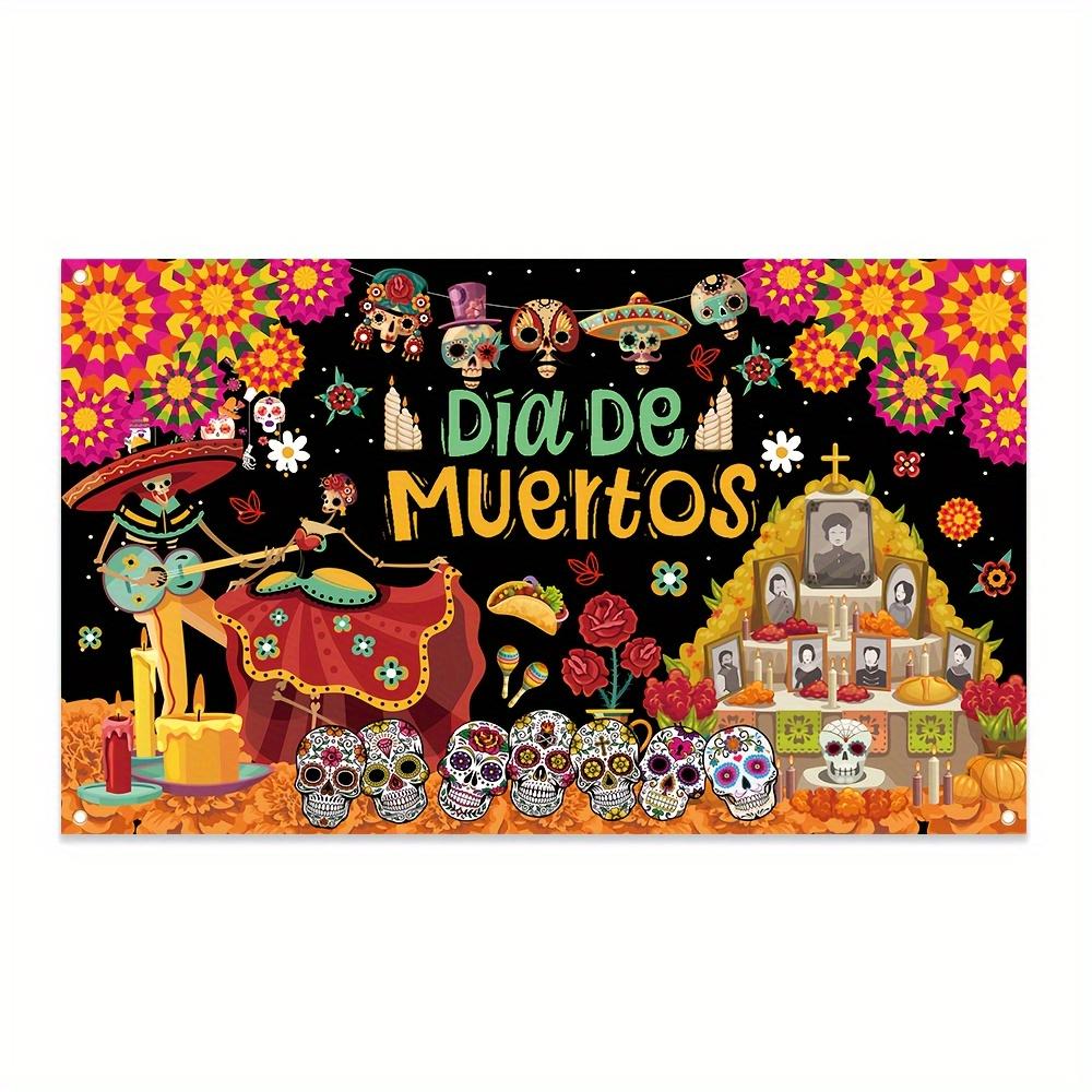 1PCS Day of the Dead Banner - Mexican Day of the Dead Polyester Hanging Decoration with Skull  Marigold  and Skull Patterns 150X100