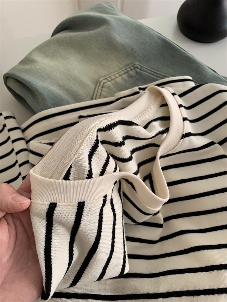 Korean Style Plus Size Striped Round Neck Long Sleeve T-shirt for Women - Autumn Winter Casual Loose Pullover