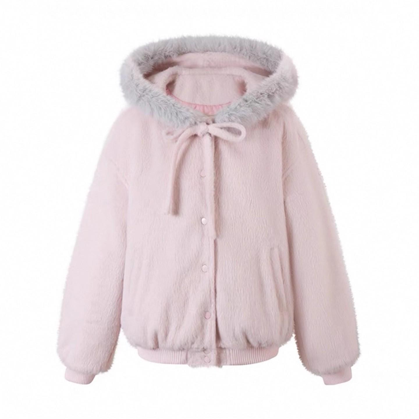 

Pink Korean College Style Fur Collar Women s Baseball Jacket with Butterfly Knot Hood and Woolen Design - Autumn/Winter S розовый