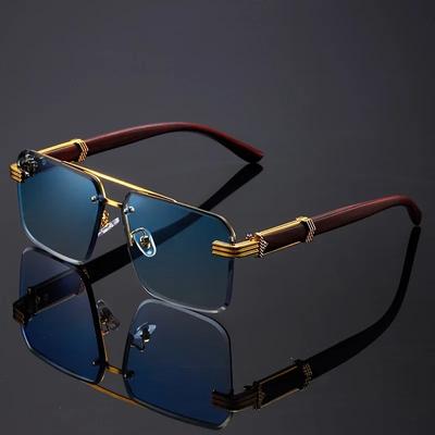 Lunettes de soleil de mode sans monture à double barre pour femmes, monture dorée, branches imitation bois pour conducteurs masculins et féminins, lunettes noires