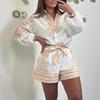 Women's White Embroidered Blouse and Shorts Set with Gold Details and Bow Belt