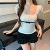 Human Cotton Modal] Bubble Sleeve Lace Splicing Short-sleeved T-shirt Women's Summer Korean Age-reducing Slim-fit Top