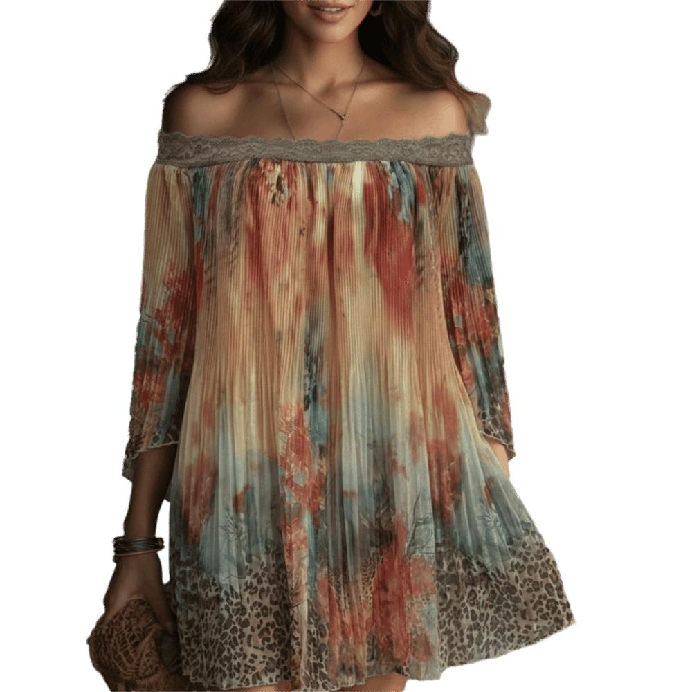 

Leopard Summer Skirt Floral Print A-Line Fold Dress Retro Off-Shoulder Dress Casual Vacation XXL-Flower Leopard