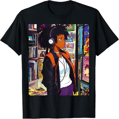 Anime Μαύρο Κορίτσι Lofi Μουσική 90s Ρετρό Αφρο Καρτούν Μπλουζάκι