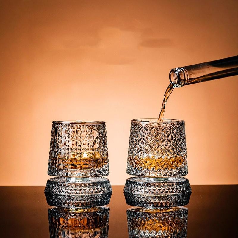 Whiskey Glasses Rotatable Tumbler Crystal Glass Cups Drinking Glasses with Creative Coasters for Scotch,Bourbon,Cocktails
