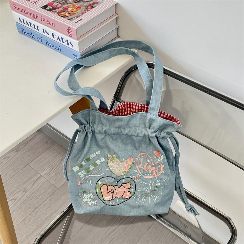 New Bow Embroidery Large Capacity Denim Drawstring Tote Bag Fashionable Shoulder Handbag