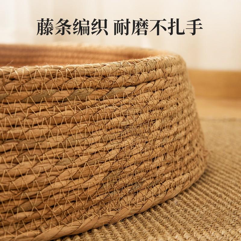 Round Cat Bed With PE Wicker Frame Cotton Linen Rope Nest Semi-Enclosed Pet House Indoor Outdoor Use