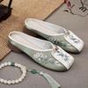 Fashion Home Slippers Women's Square Heel Loafers Slides Cover Toe Massage Block Floral Fabric Embroider Square Toe Block Heel Shoes Loa