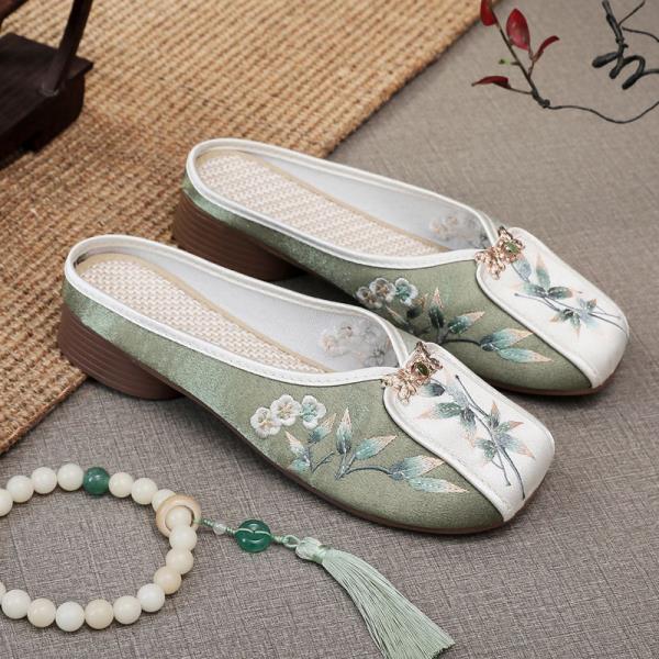 Fashion Home Slippers Women's Square Heel Loafers Slides Cover Toe Massage Block Floral Fabric Embroider Square Toe Block Heel Shoes Loa