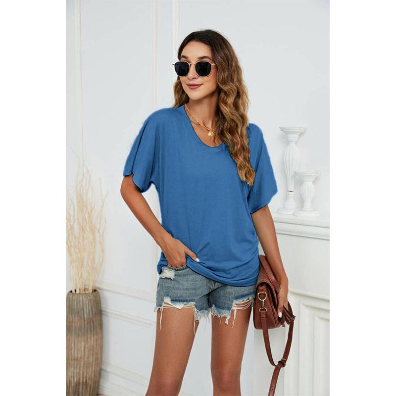 Women's New Solid Color Batwing Sleeve Side Pleated V-neck Short-sleeved T-shirt
