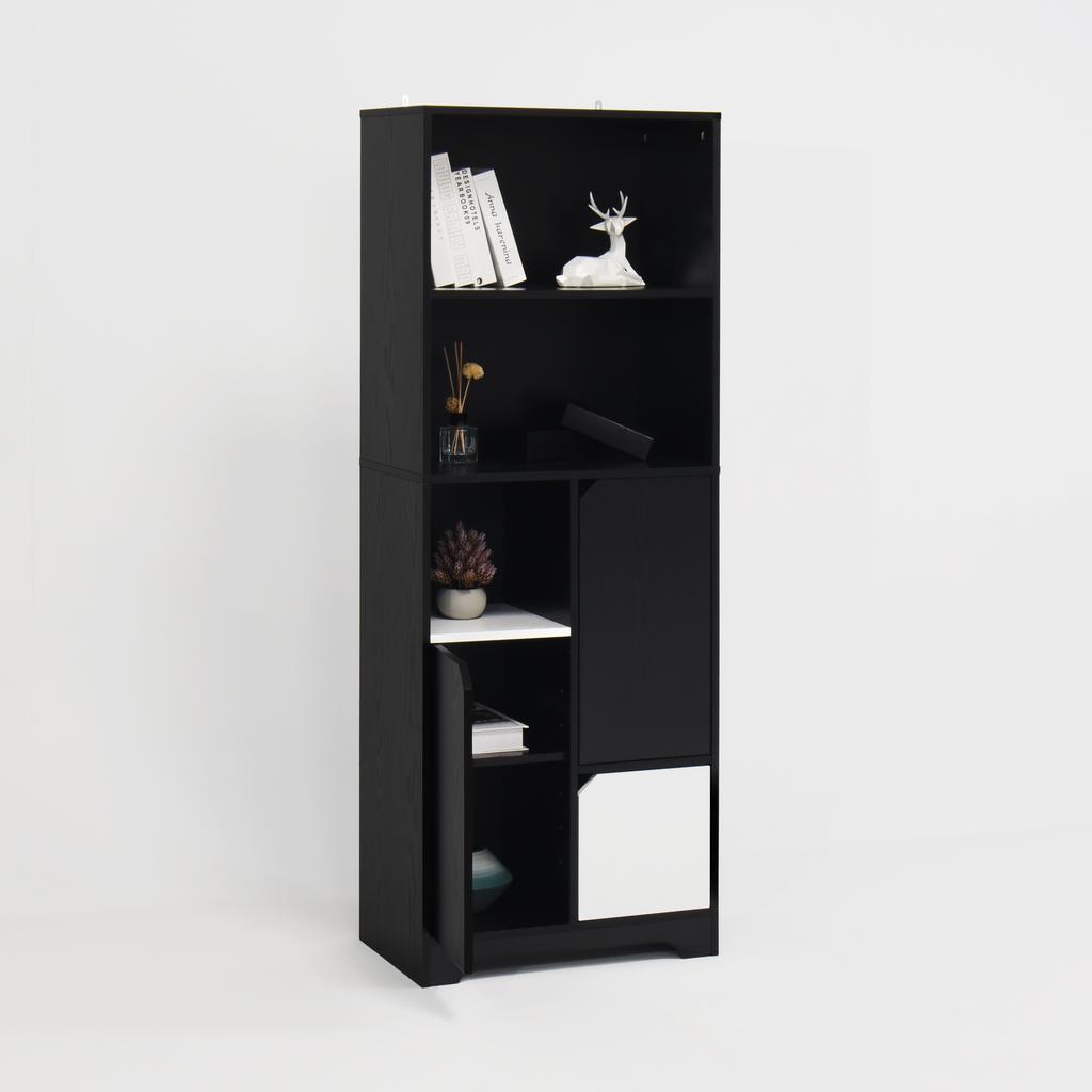 Multifunctional Bookshelf with Open Storage, Doors and Drawers, Black-White, Modern Style, Storage Cabinet for Bedroom and Living Room