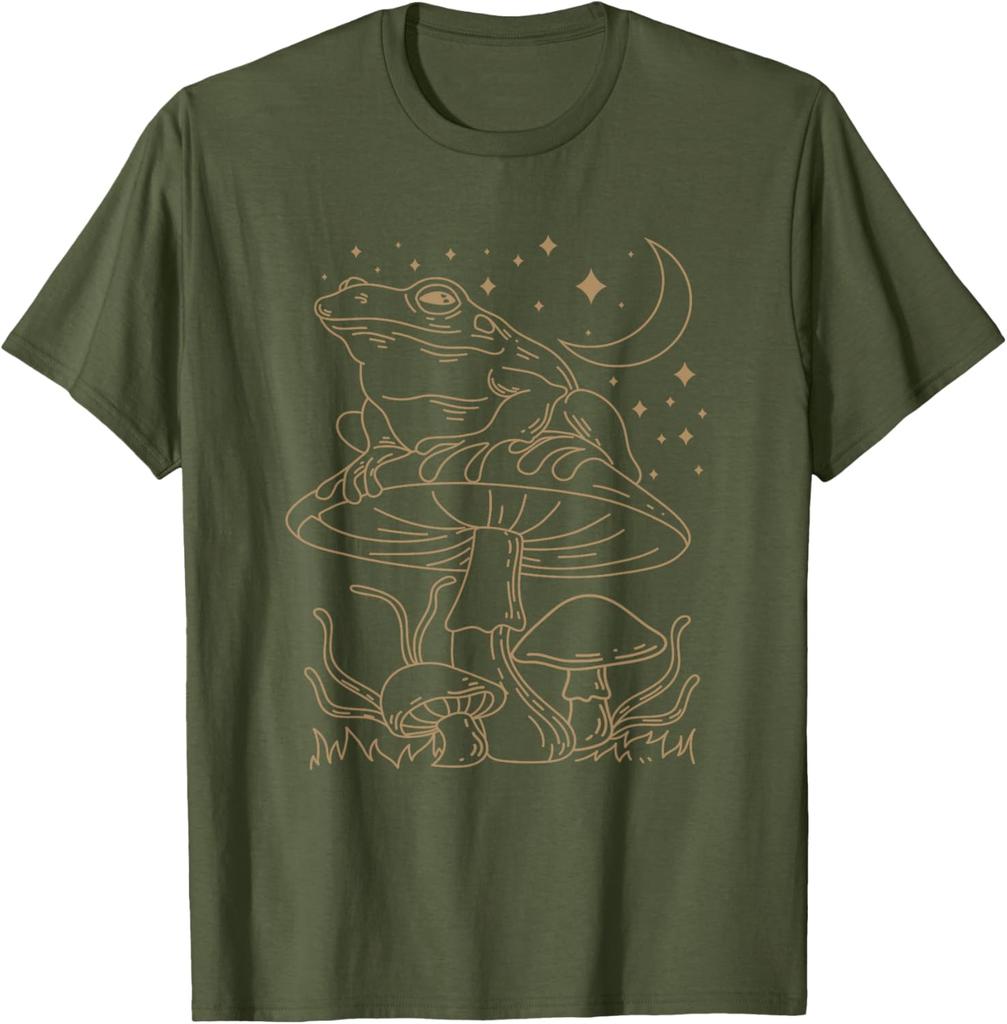 Celestial Frog On Mushroom Graphic Tee Cottagecore Aesthetic Casual T-Shirt