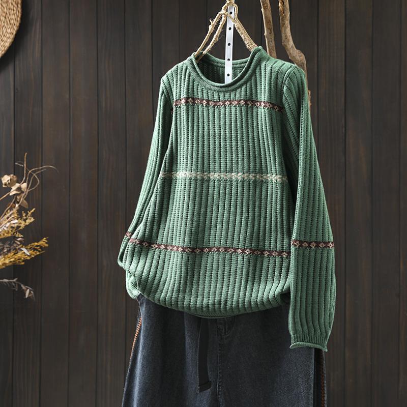Women's Retro Striped Jacquard Knit Sweater - Loose Fit, Plus Size, Cozy Autumn/Winter Pullover