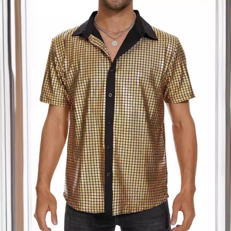 Mens Rainbow Sequins Plaid Short Sleeve Button Down Party Shirt