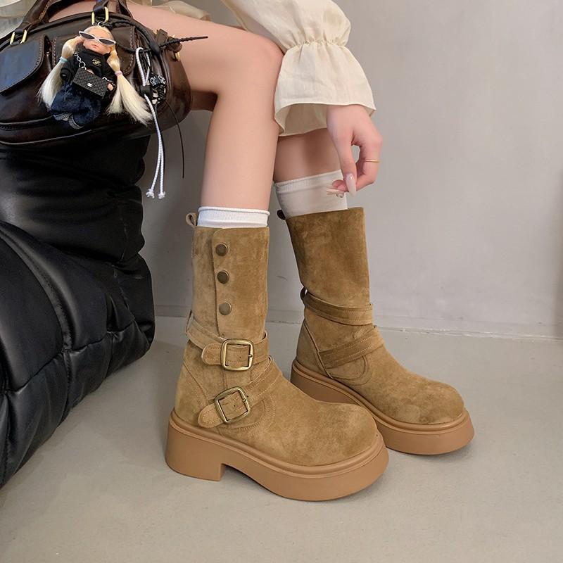 Women's Belt Buckle Fashion Hundred Soft Elastic Comfortable Ankle Boots Shock Absorbing Anti-slip Casual Sports Martin Boots