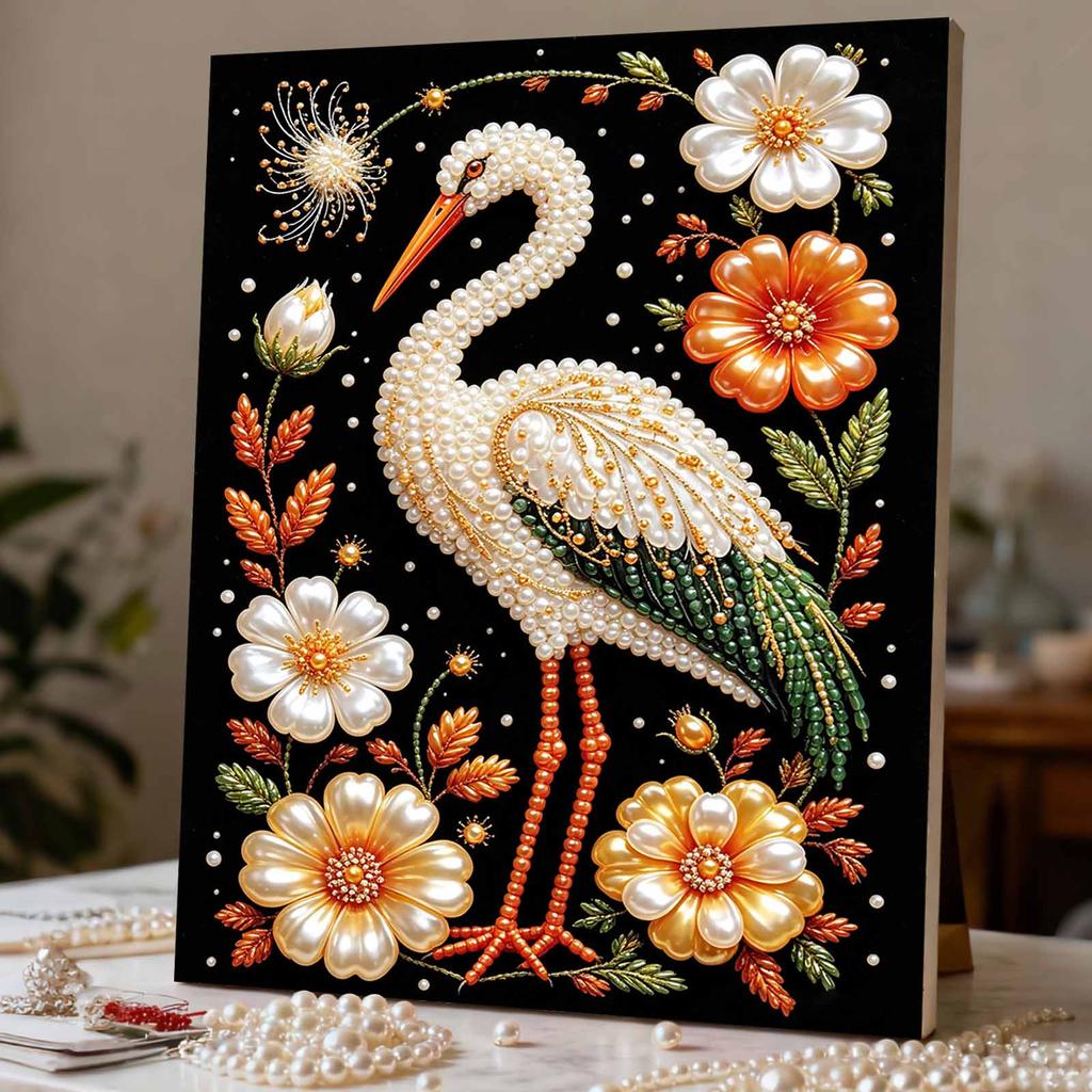 Framed Pearl Bead Painting Kit Elegant Crane and Flowers DIY Shiny Canvas Art Relaxing Craft for Desk Wall Decor Handmade Embroidery Gift Project