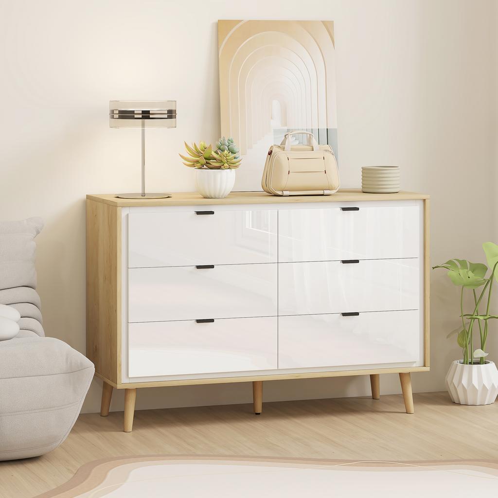 Storage Cabinet, Chest of Drawers with 6 Drawers and 5 Legs for Bedroom, High Gloss White