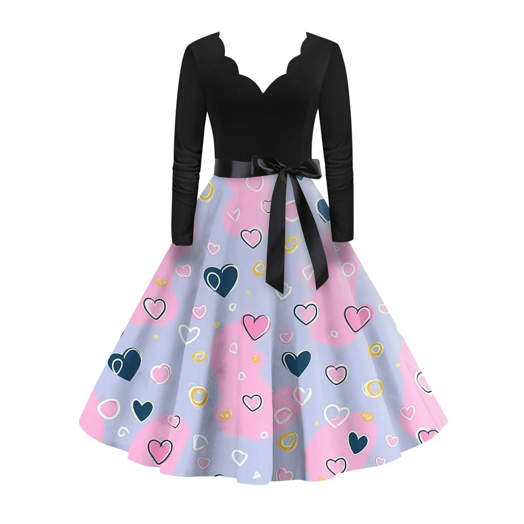 Damska stylowa i elegancka sukienka z długim rękawem, dekoltem w serek w kształcie serca na Walentynki