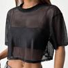 Women Summer Black White Mesh Cropped Tops Loose Casual Short-sleeved T-shirt