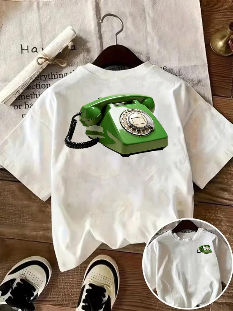 Vintage Green Rotary Phone Graphic TShirt Retro Telephone Print Casual White Tee Nostalgic Old School Communication Shirt