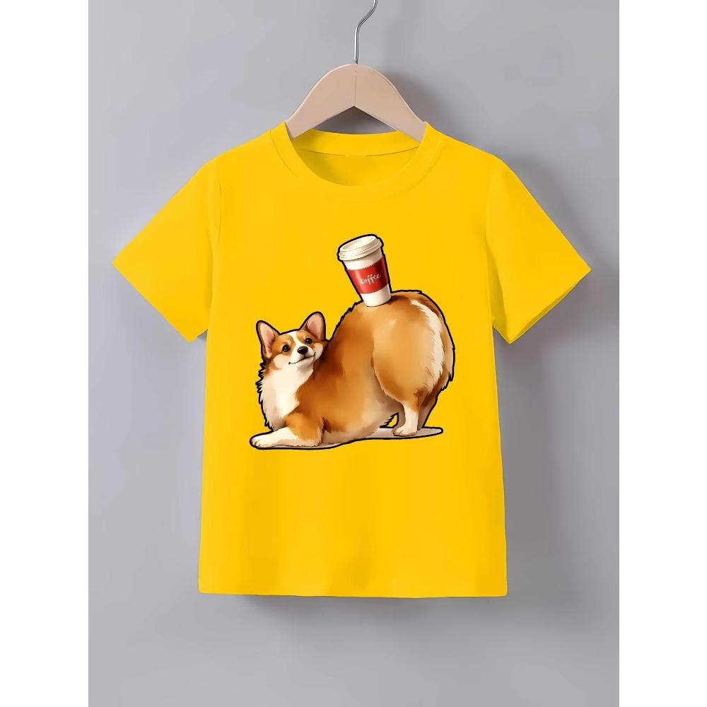 Funny Corgi Holding Coffee Graphic T Shirt Family Matching Boys Girls Kids Short Sleeve Cartoon Puppy Children Daily Tops