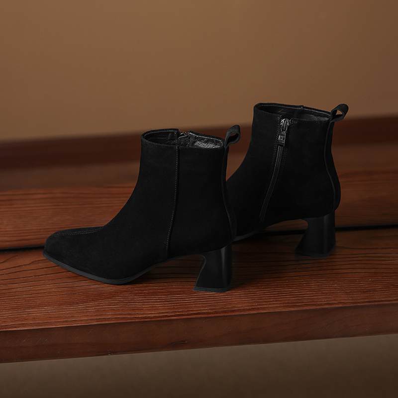 Krazing Pot Cow Suede Nubuck Winter Square Toe Modern Boots Thick High Heels Zipper Women Ankle Boots