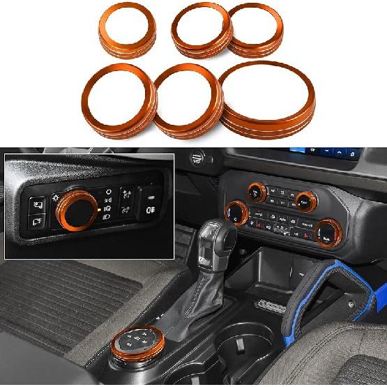 6pcs for Ford Bronco Accessories 2021 2022 2023 2024 Car Auto Interior Center Console Knobs Decoration Cover Trims -Orange