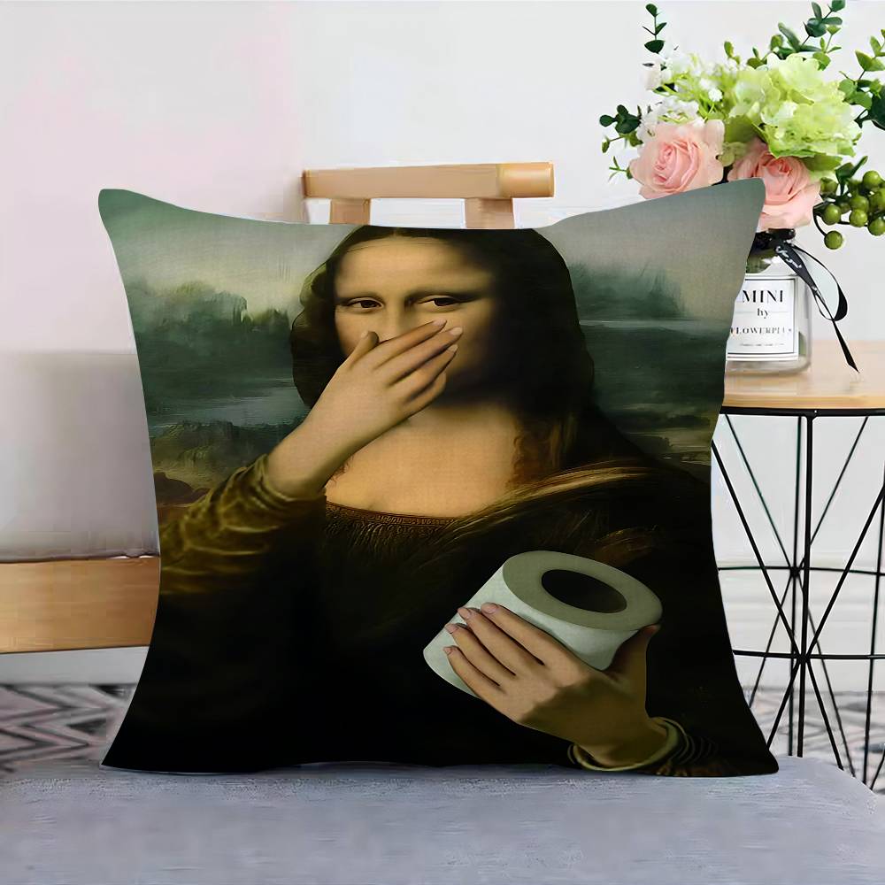 Funny Mona Lisa Wearing Pearls Girl Cushion Cover Pillowcase Upholstery Sofa Throw Pillow Home Decor Pillowcas