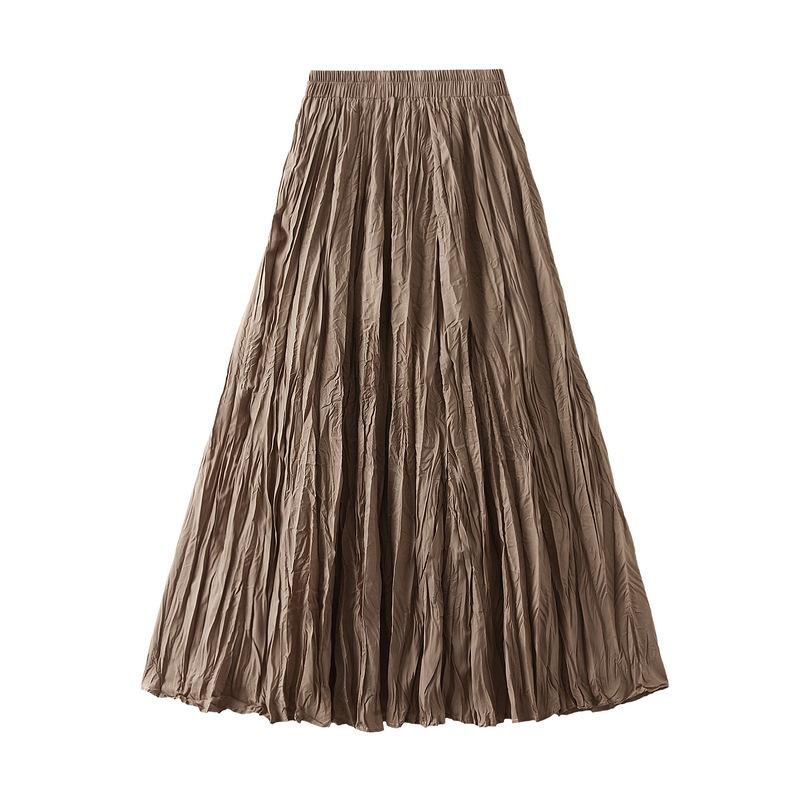 Women's Spring Summer Solid Pleated Half-body Skirt A-Line Long Skirt Female Elegant Casual Skirt