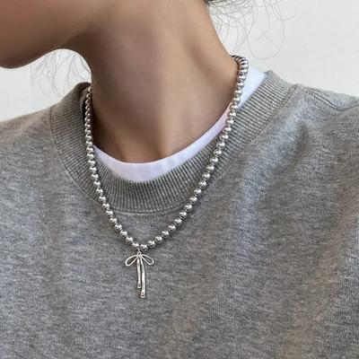 Bowknot Pendant Necklace for Women Goth Harajuku Grey Zircon Beaded Rope Chain Choker Necklaces Accessories